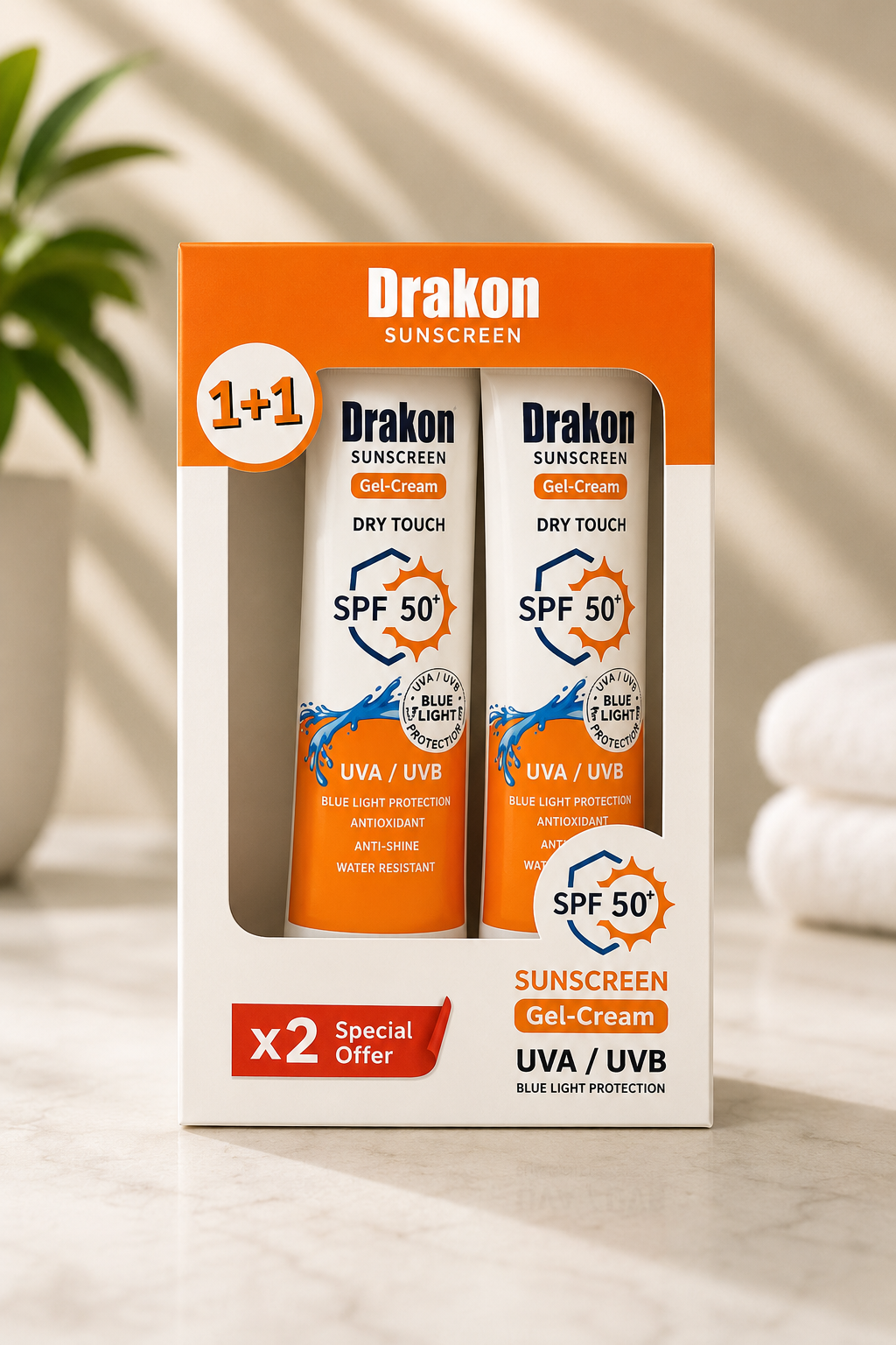 دراكون صن سكرين جل-كريم دراي تاتش SPF50+ (عرض 1+1) - Drakon Sunscreen Gel-Cream Dry Touch - 60 جم × 2